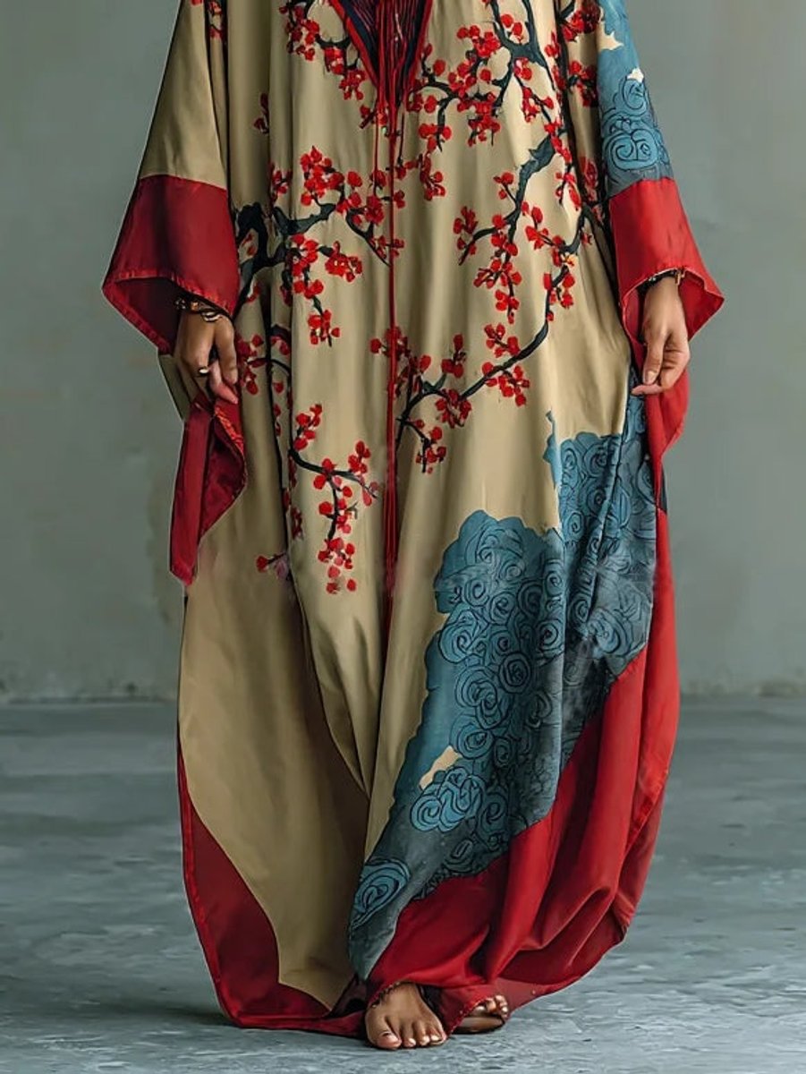 Women's Floral Batwing Maxi Long Sleeve Dress Japanese Plum Print