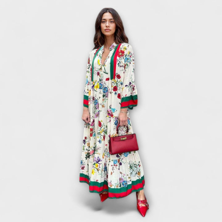 Women's Floral Bell-Sleeve Tiered Boho Maxi Dress - White