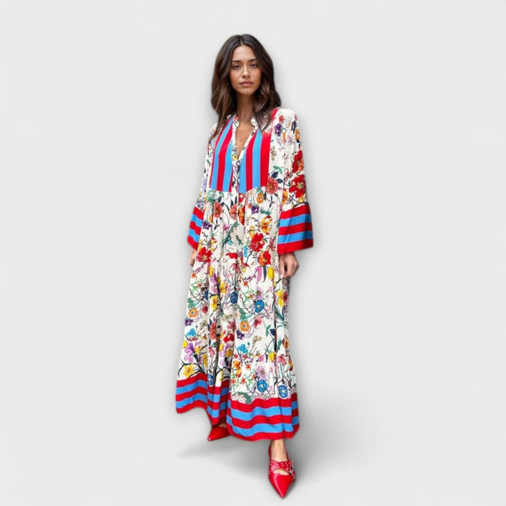 Women's Floral Bell-Sleeve Tiered Boho Maxi Dress - Red