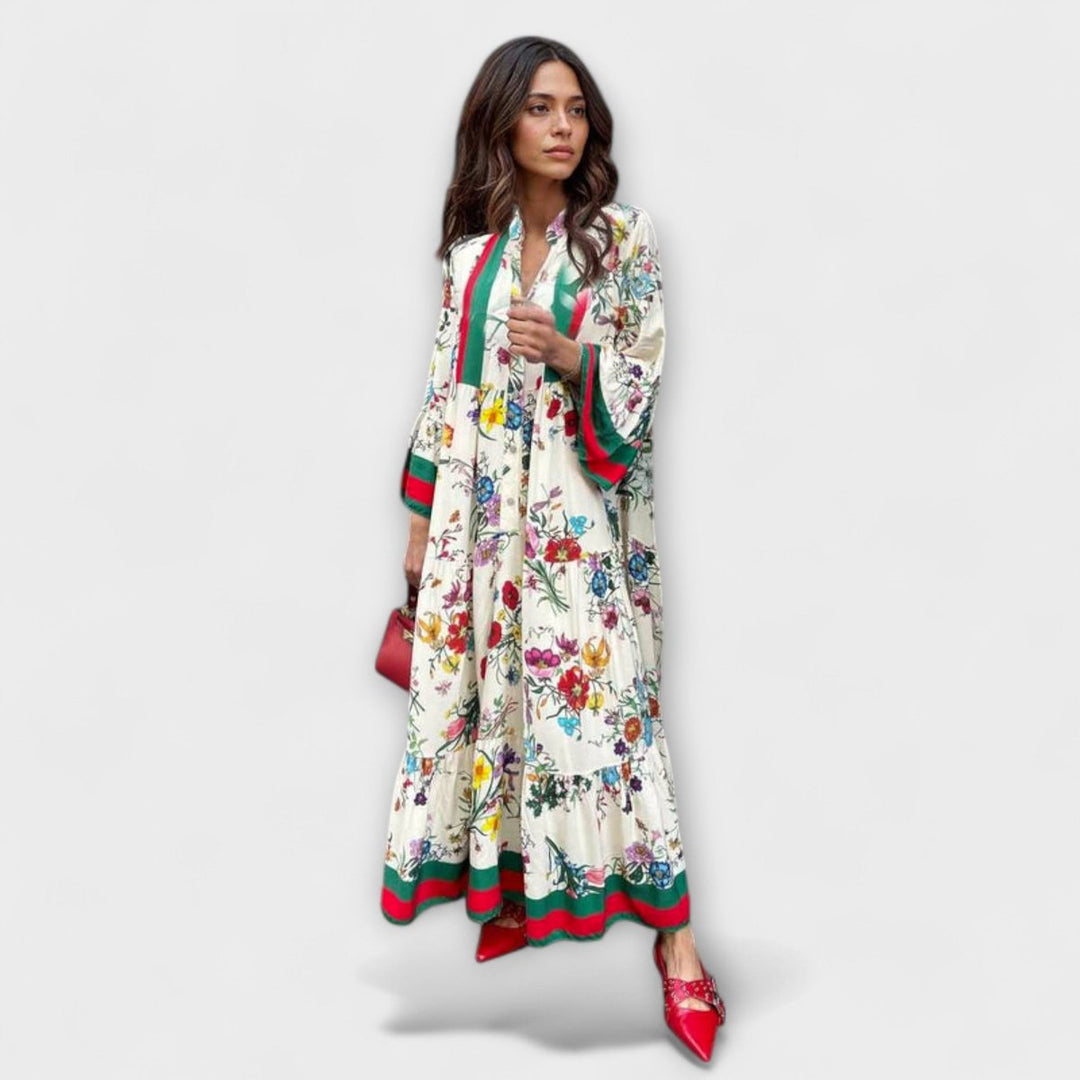 Women's Floral Bell-Sleeve Tiered Boho Maxi Dress