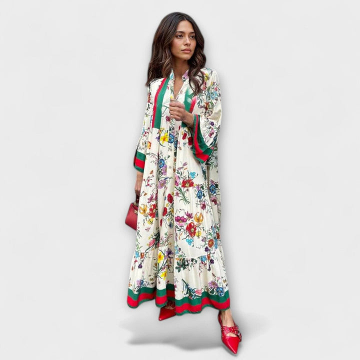 Women's Floral Bell-Sleeve Tiered Boho Maxi Dress