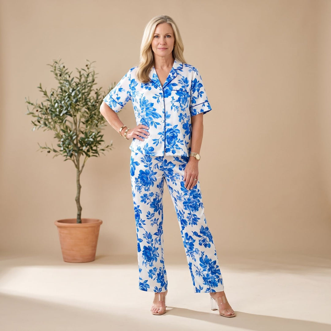 Women's Floral Botanical V-Neck Loose Two Piece Set - Blue