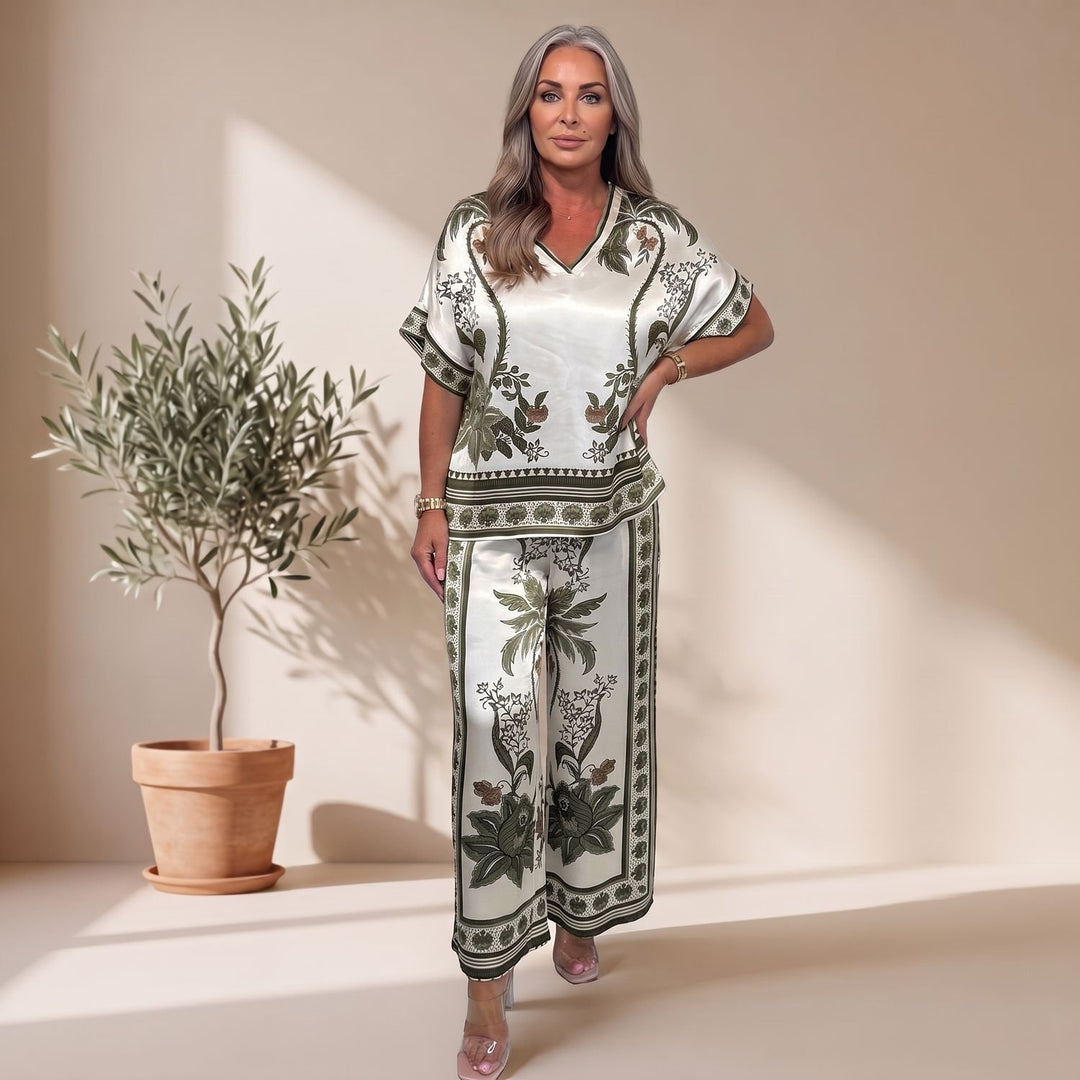 Women's Floral Botanical V-Neck Loose Two Piece Set - Green