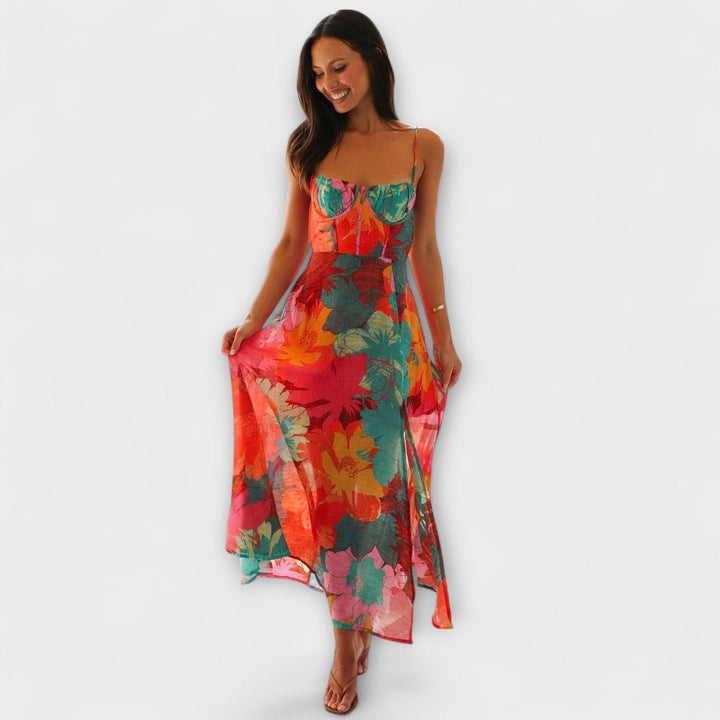 Women's Floral Bustier Spaghetti-Strap Maxi Dress - Red