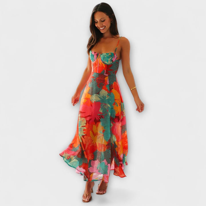 Women's Floral Bustier Spaghetti-Strap Maxi Dress