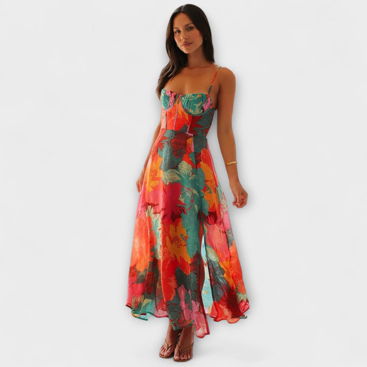 Women's Floral Bustier Spaghetti-Strap Maxi Dress