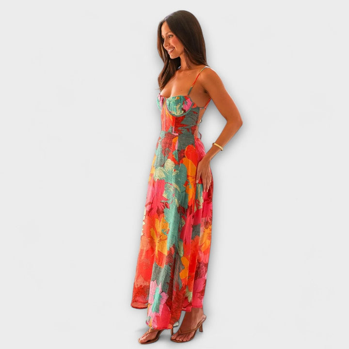 Women's Floral Bustier Spaghetti-Strap Maxi Dress