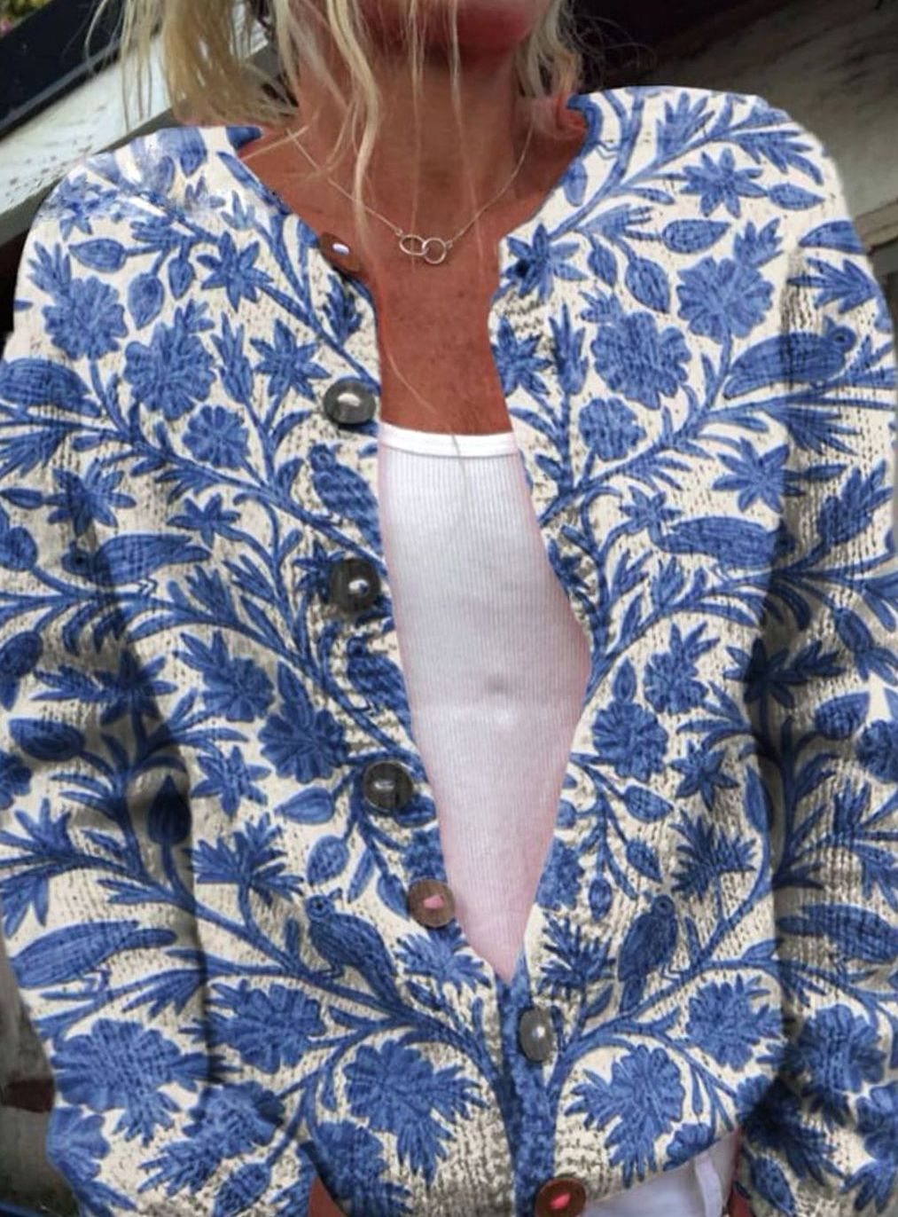 Women's Floral Button-Front Long Sleeve Cardigan Sweater - Blue