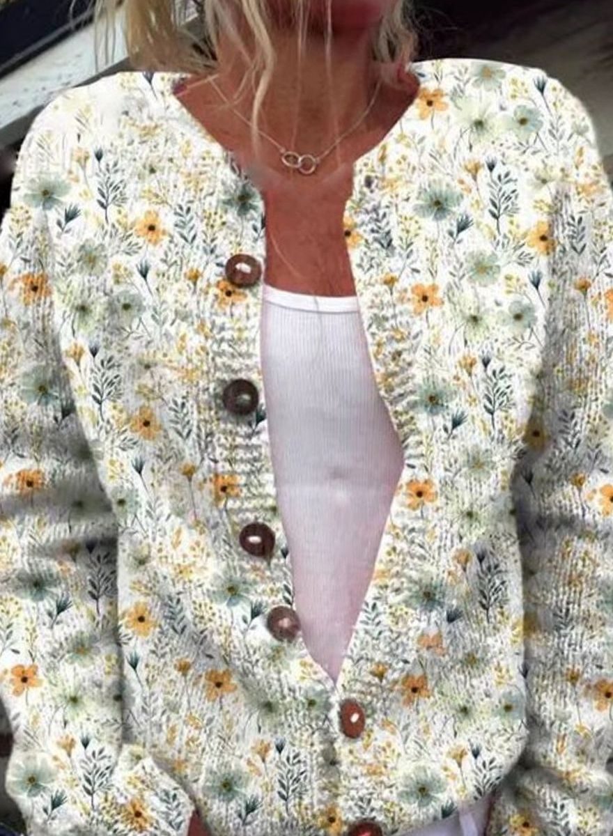 Women's Floral Button-Front Long Sleeve Cardigan Sweater - White