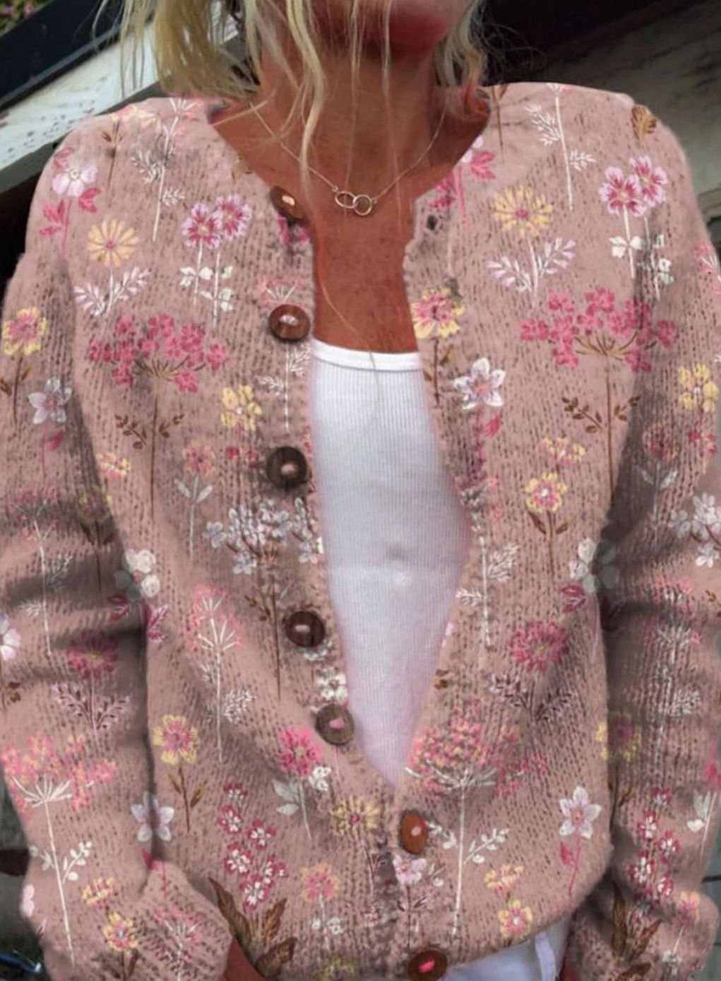 Women's Floral Button-Front Long Sleeve Cardigan Sweater - Pink