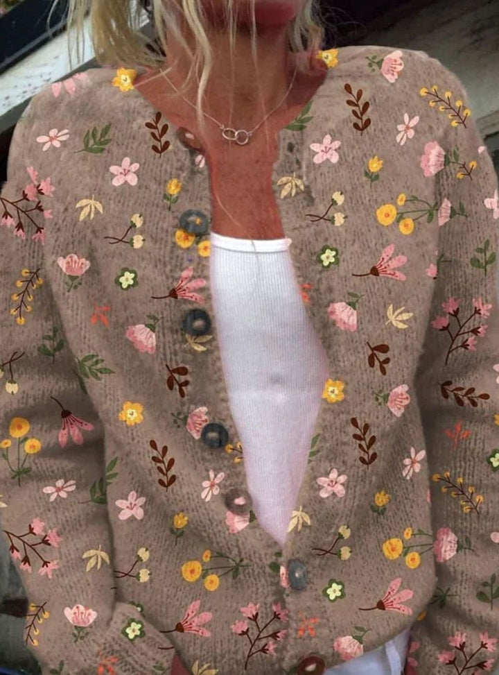 Women's Floral Button-Front Long Sleeve Cardigan Sweater - Brown