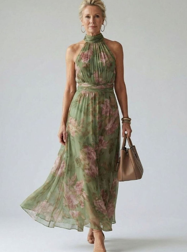 Women's Floral Chiffon Luxe Gathered Halter Midi Dress - Sage Green