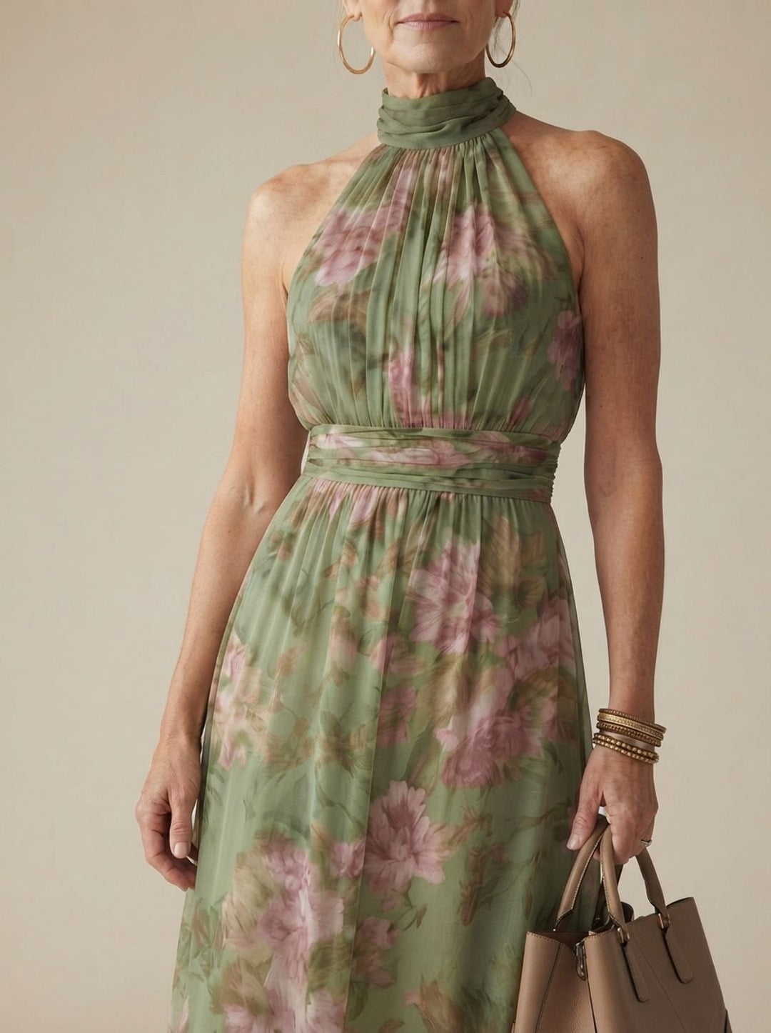 Women's Floral Chiffon Luxe Gathered Halter Midi Dress