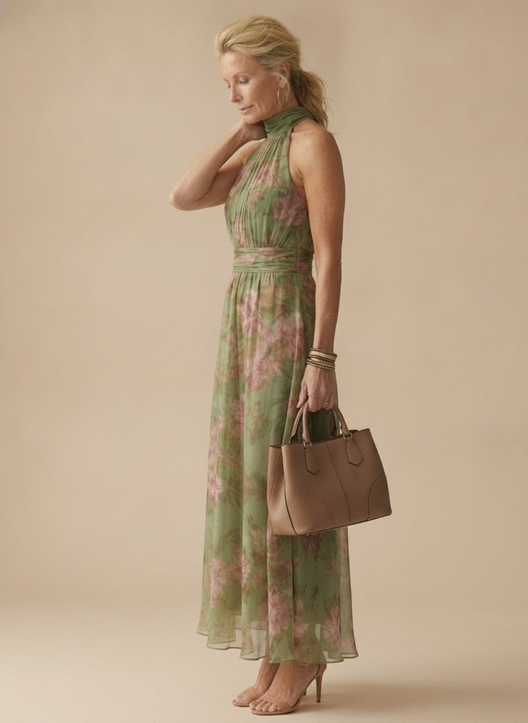 Women's Floral Chiffon Luxe Gathered Halter Midi Dress