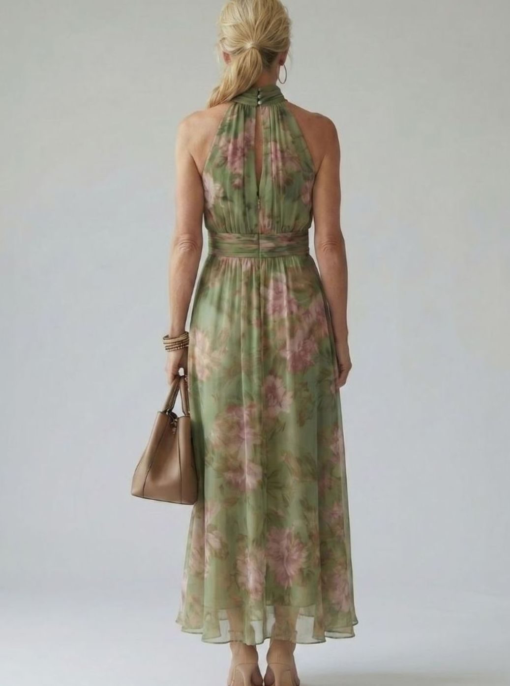 Women's Floral Chiffon Luxe Gathered Halter Midi Dress