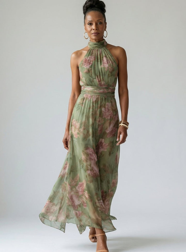 Women's Floral Chiffon Luxe Gathered Halter Midi Dress