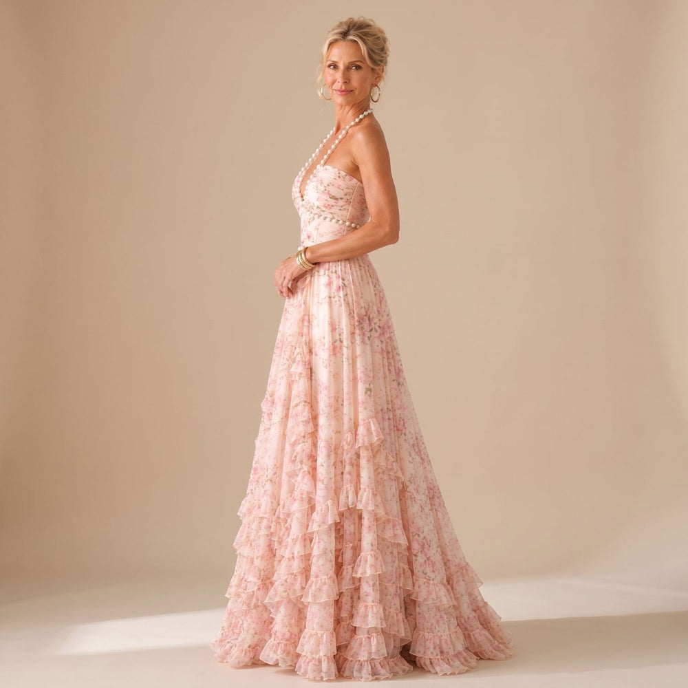 Women's Floral Chiffon Ruffle-Skirt Halter Maxi Gown