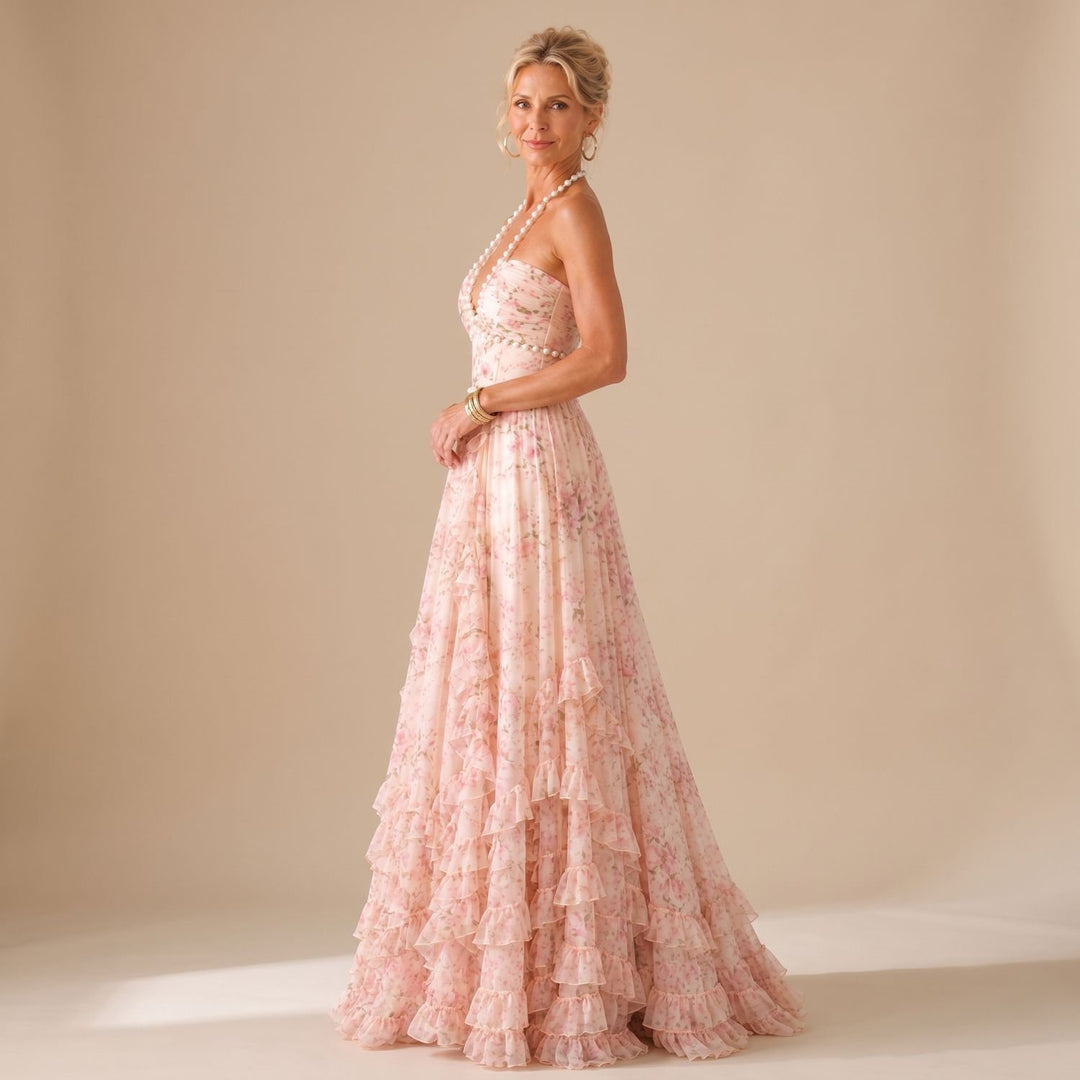 Women's Floral Chiffon Ruffle-Skirt Halter Maxi Gown