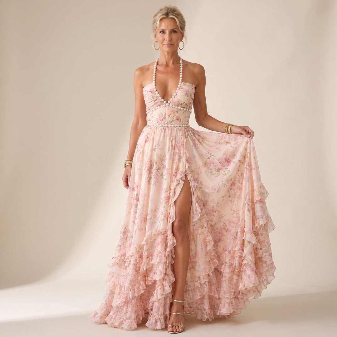 Women's Floral Chiffon Ruffle-Skirt Halter Maxi Gown