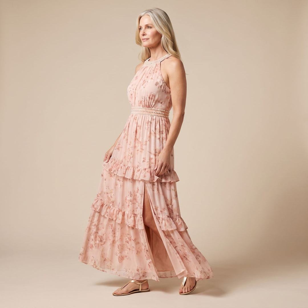 Women's Floral Chiffon Ruffle-Skirt Halter Maxi Gown