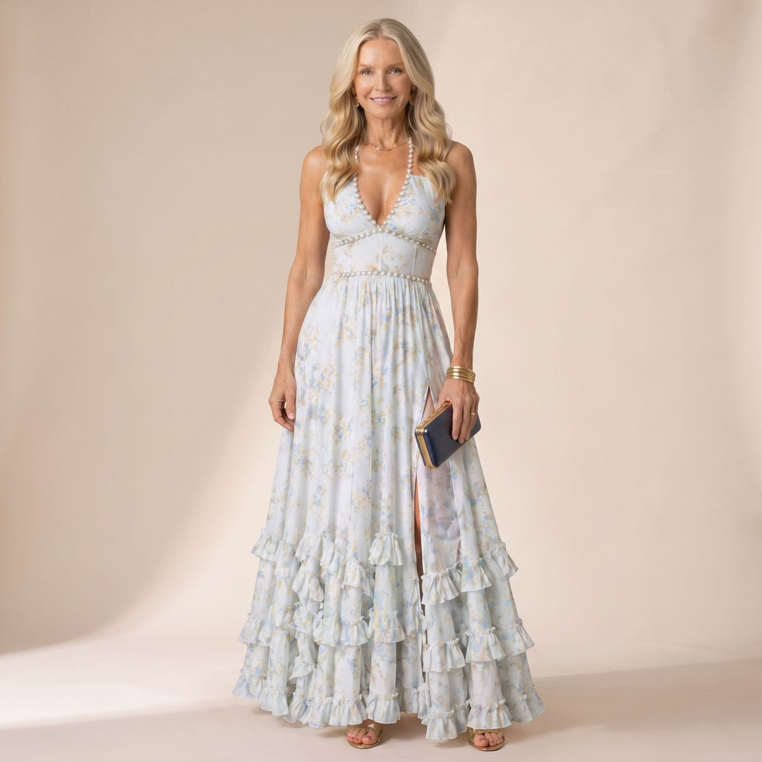 Women's Floral Chiffon Ruffle-Skirt Halter Maxi Gown - White