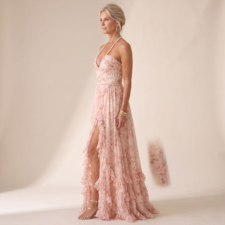 Women's Floral Chiffon Ruffle-Skirt Halter Maxi Gown