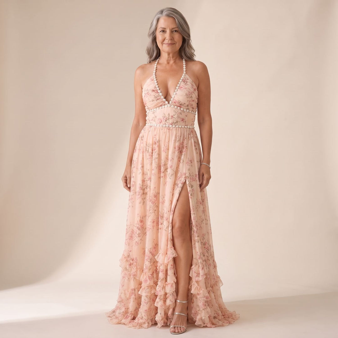 Women's Floral Chiffon Ruffle-Skirt Halter Maxi Gown