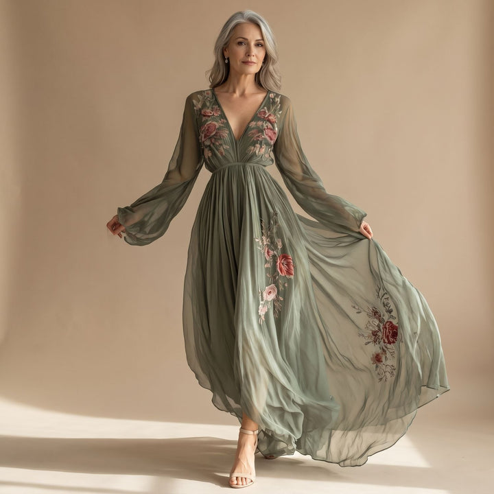Women's Floral Embroidered Deep V-Neck Chiffon Formal Maxi Dress