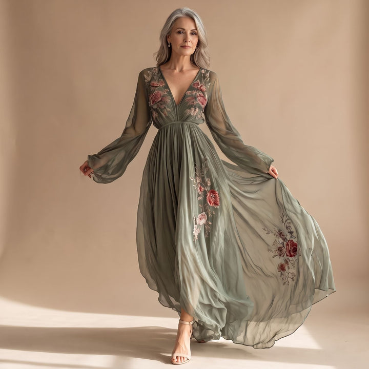 Women's Floral Embroidered Deep V-Neck Chiffon Formal Maxi Dress