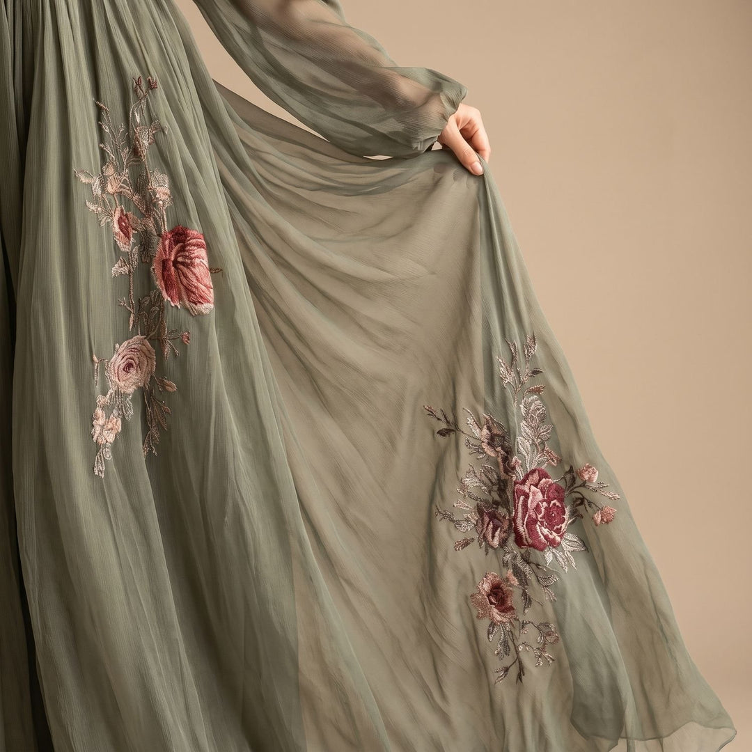 Women's Floral Embroidered Deep V-Neck Chiffon Formal Maxi Dress