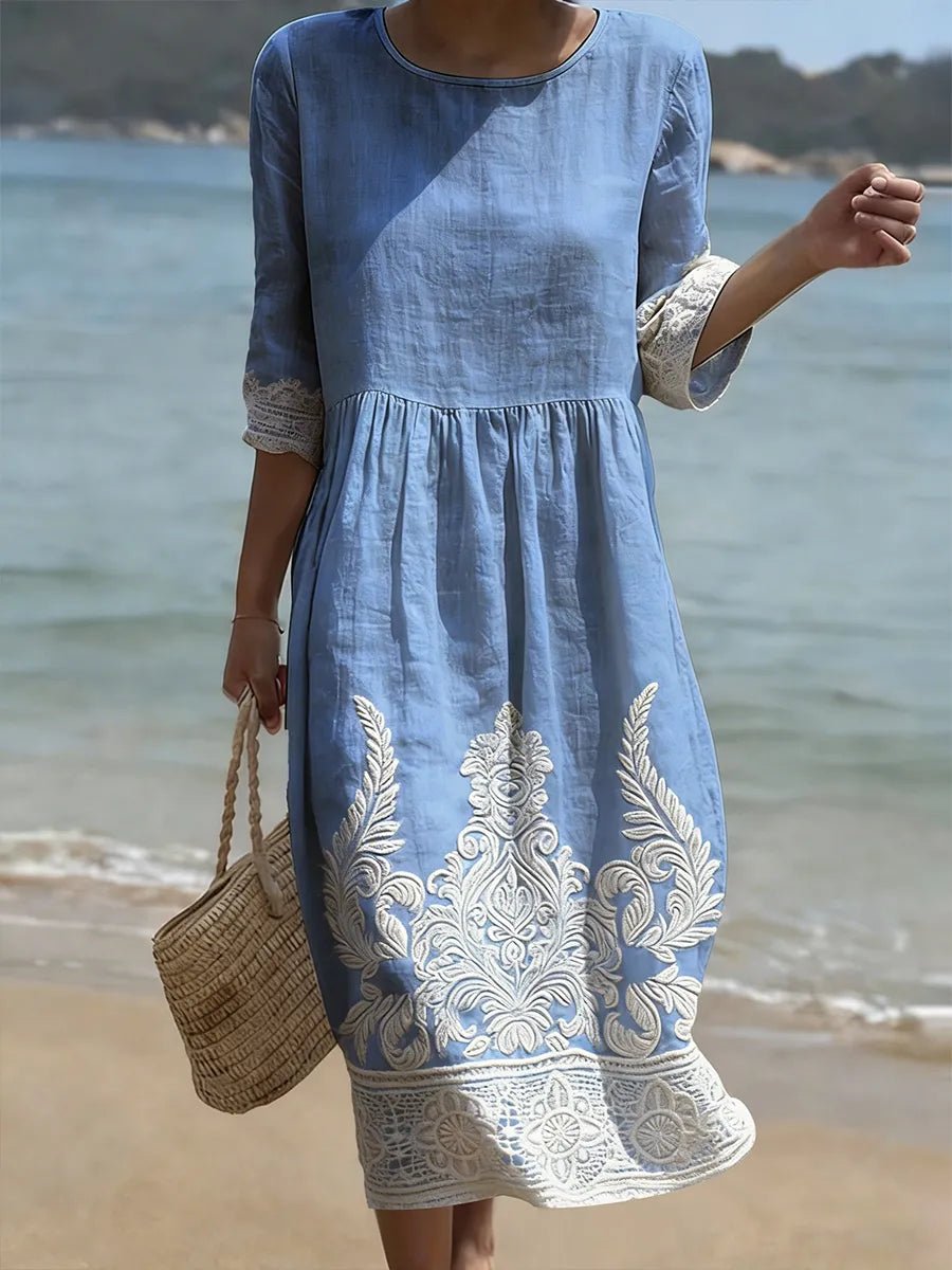 Women's Floral Embroidered Linen Midi Party Dress - Blue