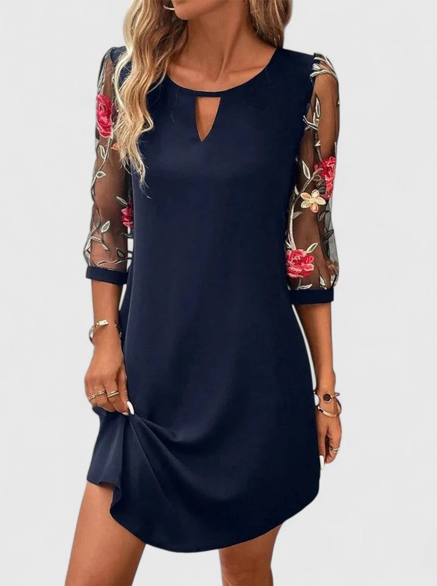 Women's Floral Embroidered Mesh-Sleeve Keyhole Mini Dress - Navy Blue