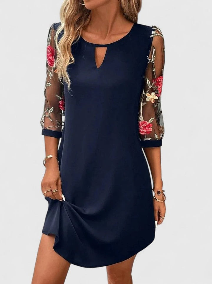 Women's Floral Embroidered Mesh-Sleeve Keyhole Mini Dress - Navy Blue