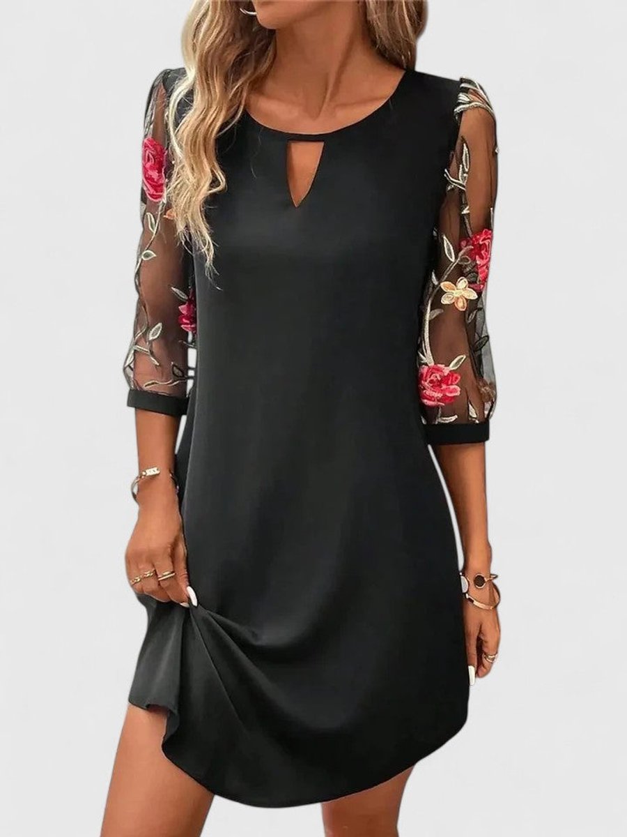 Women's Floral Embroidered Mesh-Sleeve Keyhole Mini Dress - Black