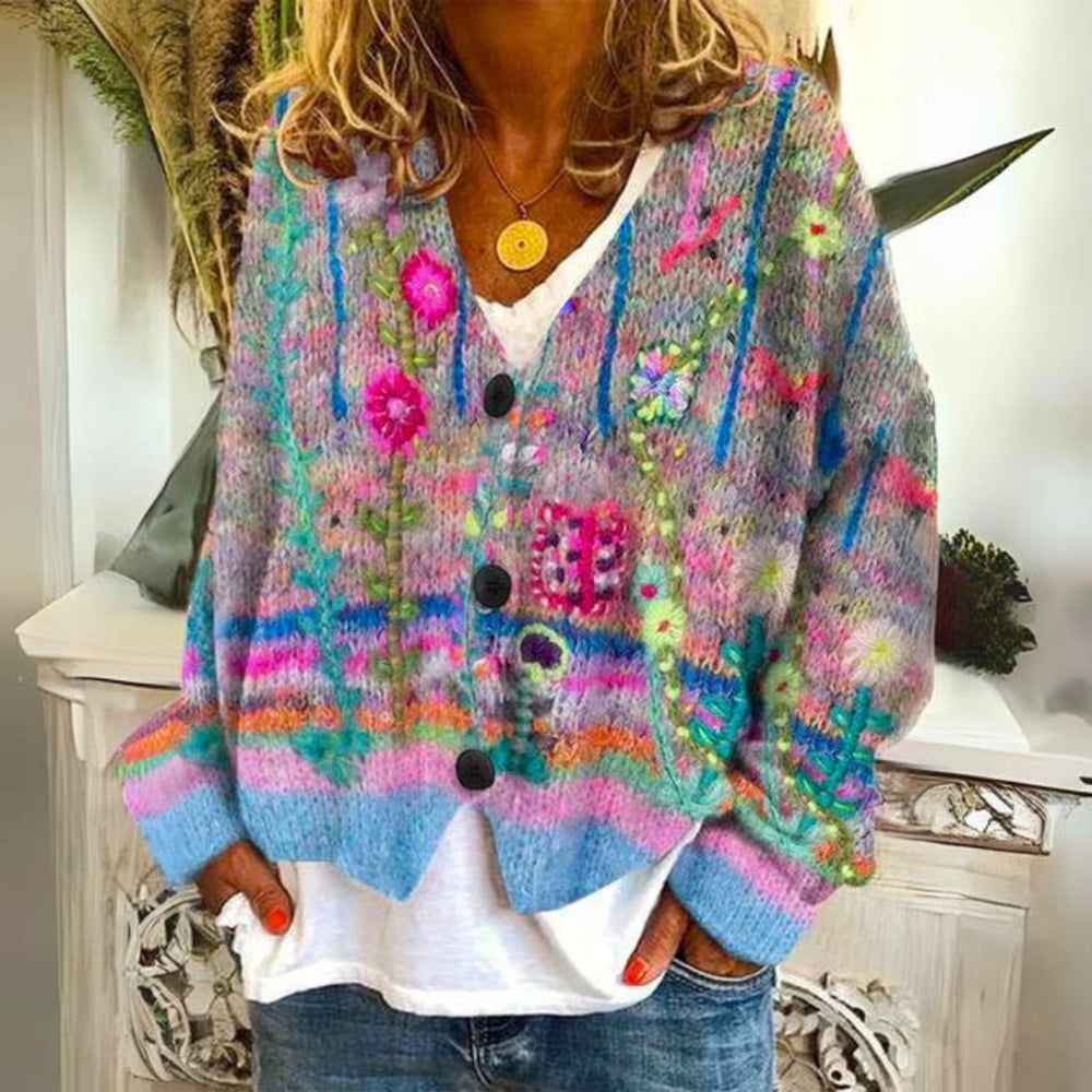 Women's Floral Embroidered Multicolor Button-Front Knit Sweater Cardigan - Blue
