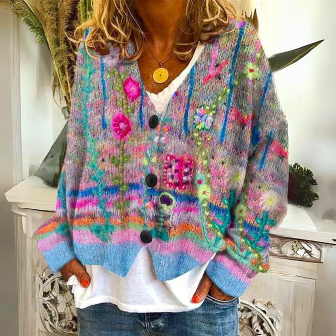 Women's Floral Embroidered Multicolor Button-Front Knit Sweater Cardigan - Blue