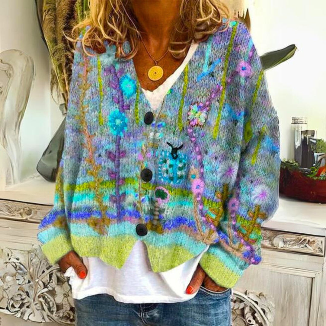 Women's Floral Embroidered Multicolor Button-Front Knit Sweater Cardigan - Green
