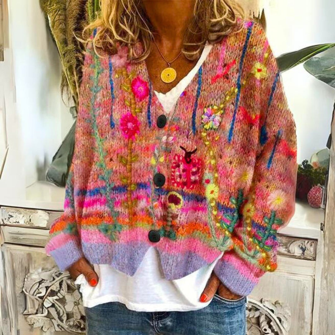 Women's Floral Embroidered Multicolor Button-Front Knit Sweater Cardigan - Red