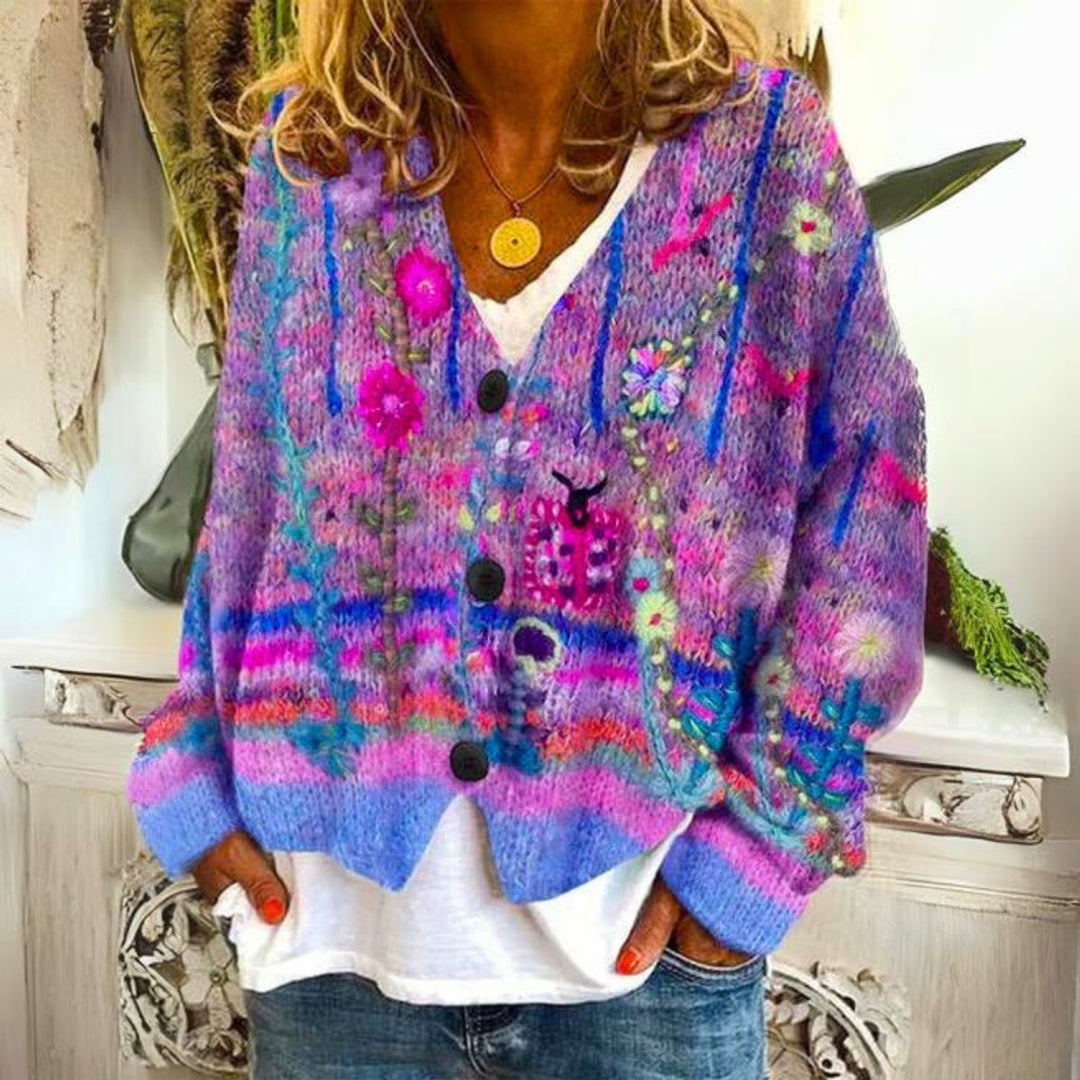 Women's Floral Embroidered Multicolor Button-Front Knit Sweater Cardigan - Purple