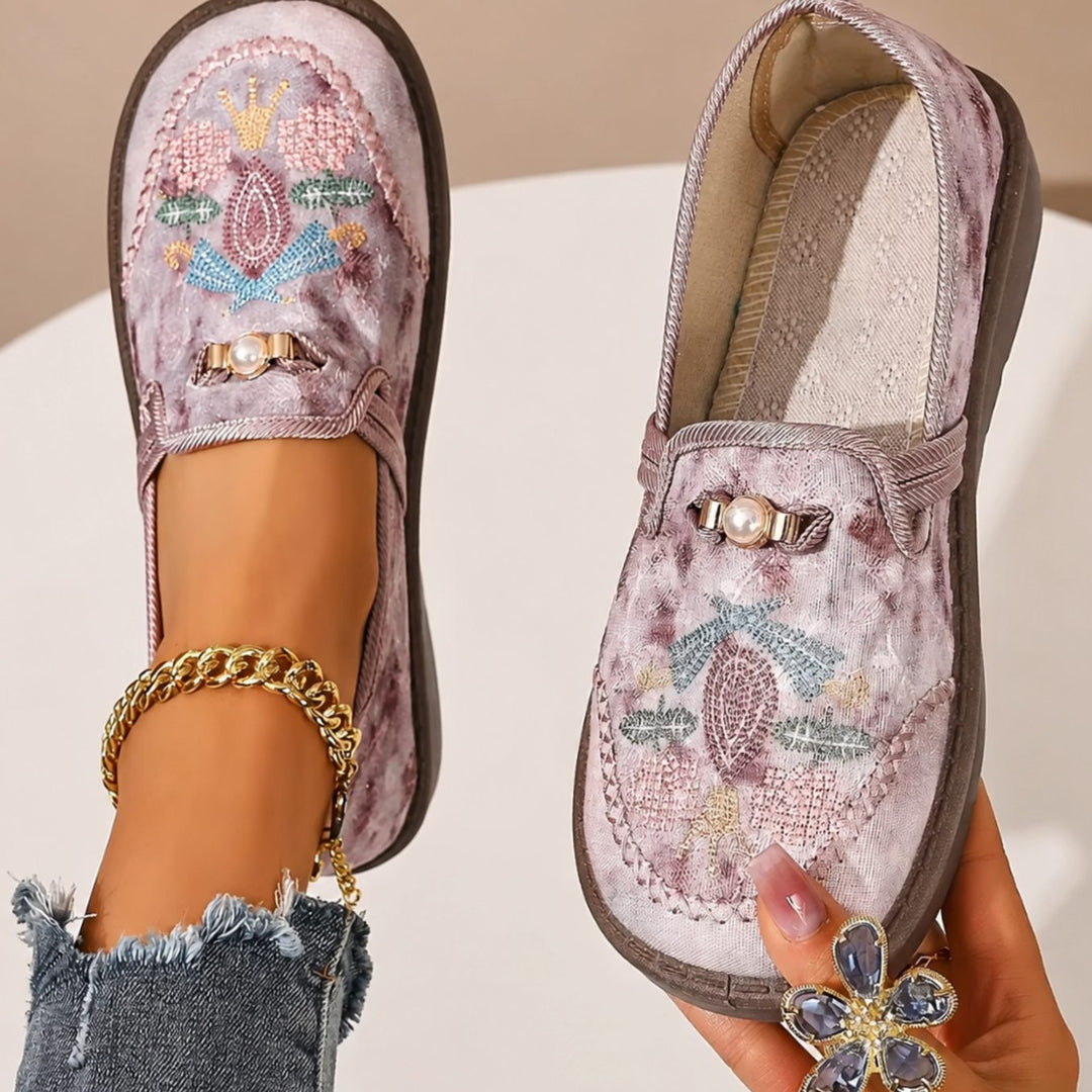 Women's Floral Embroidered Pearl-Trim Slip-On Loafers - Pink