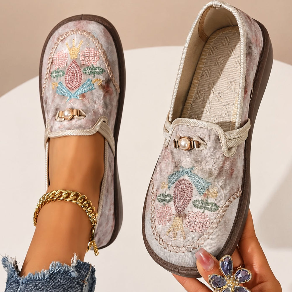 Women's Floral Embroidered Pearl-Trim Slip-On Loafers - Beige