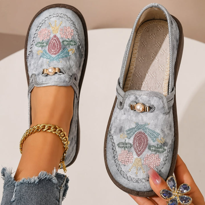 Women's Floral Embroidered Pearl-Trim Slip-On Loafers - Gray