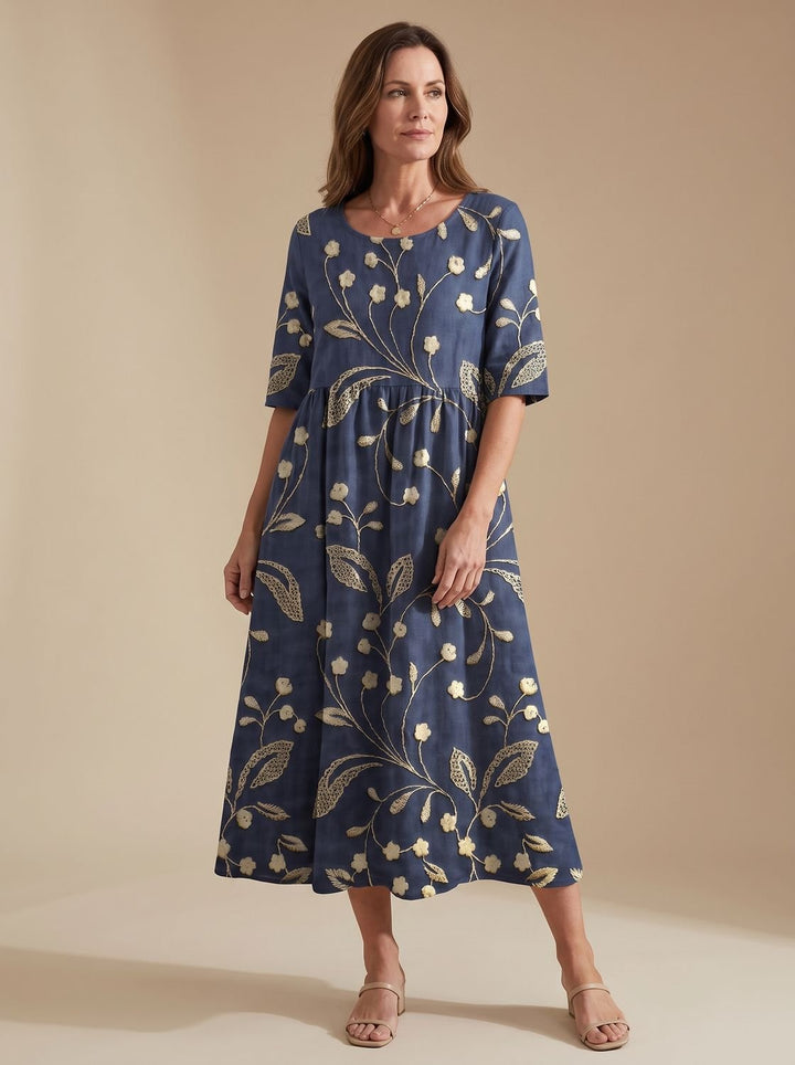 Women's Floral Embroidered Relaxed-Fit Occasion Dress - Navy Blue