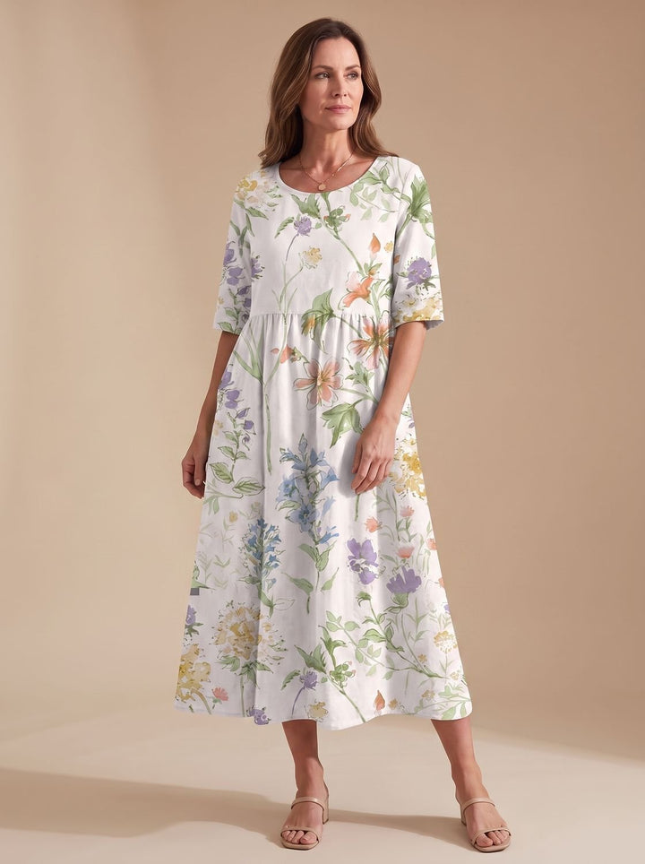 Women's Floral Embroidered Relaxed-Fit Occasion Dress - White