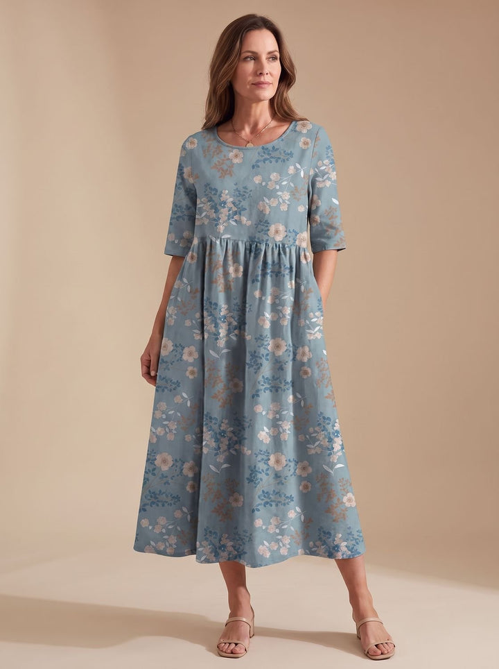 Women's Floral Embroidered Relaxed-Fit Occasion Dress - Light Blue