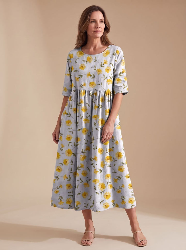 Women's Floral Embroidered Relaxed-Fit Occasion Dress - Light Yellow