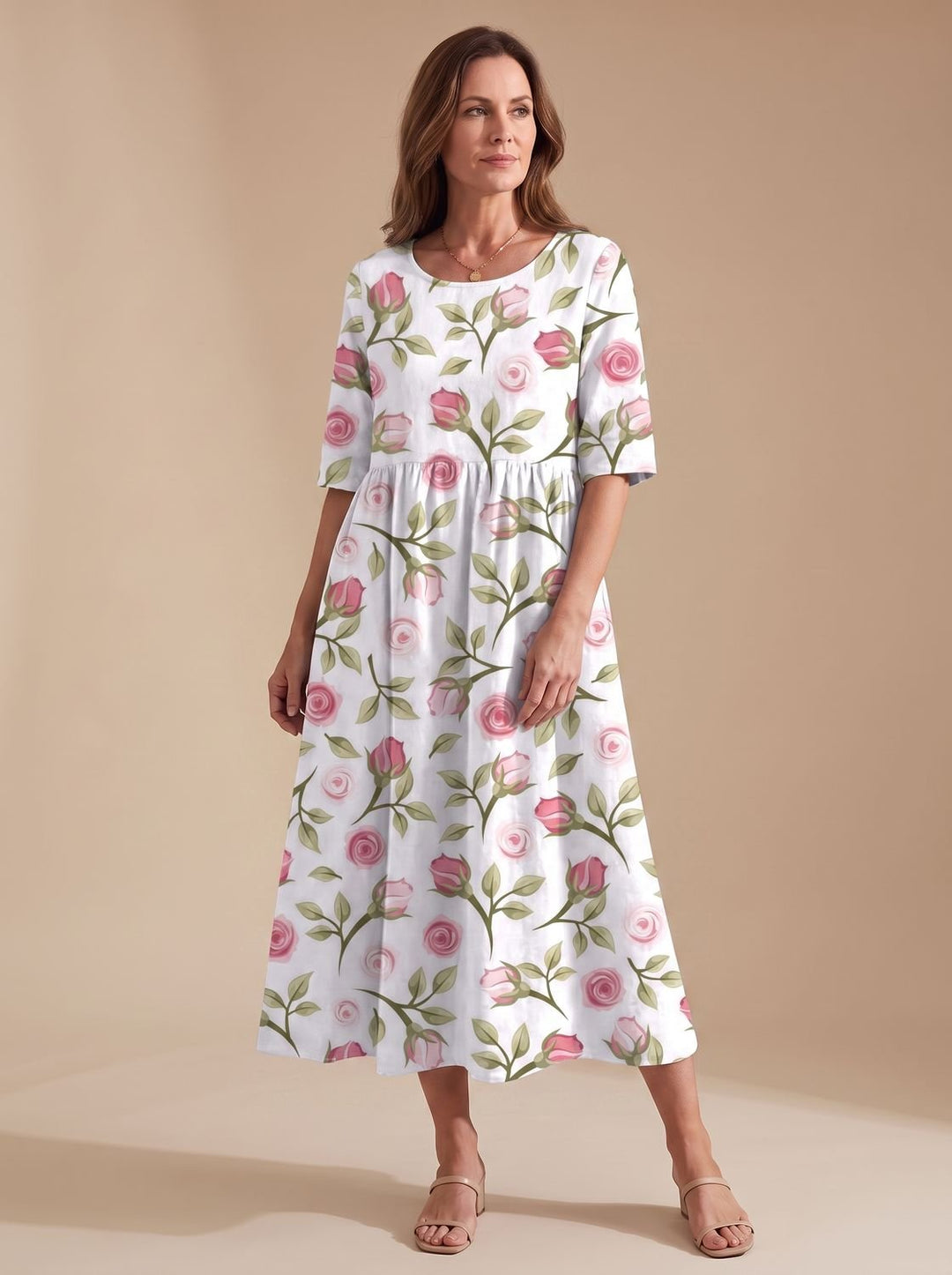 Women's Floral Embroidered Relaxed-Fit Occasion Dress - White Pink