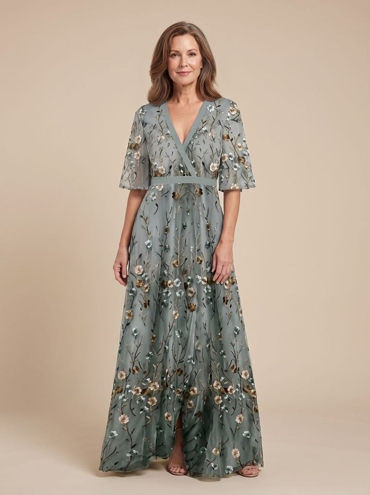 Women's Floral Embroidered Short Sleeve Maxi Dress V-Neck - Green