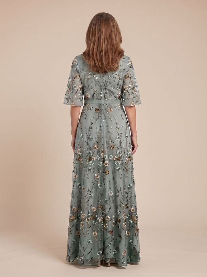 Women's Floral Embroidered Short Sleeve Maxi Dress V-Neck