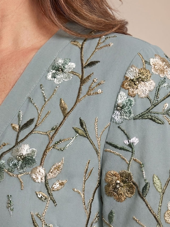 Women's Floral Embroidered Short Sleeve Maxi Dress V-Neck